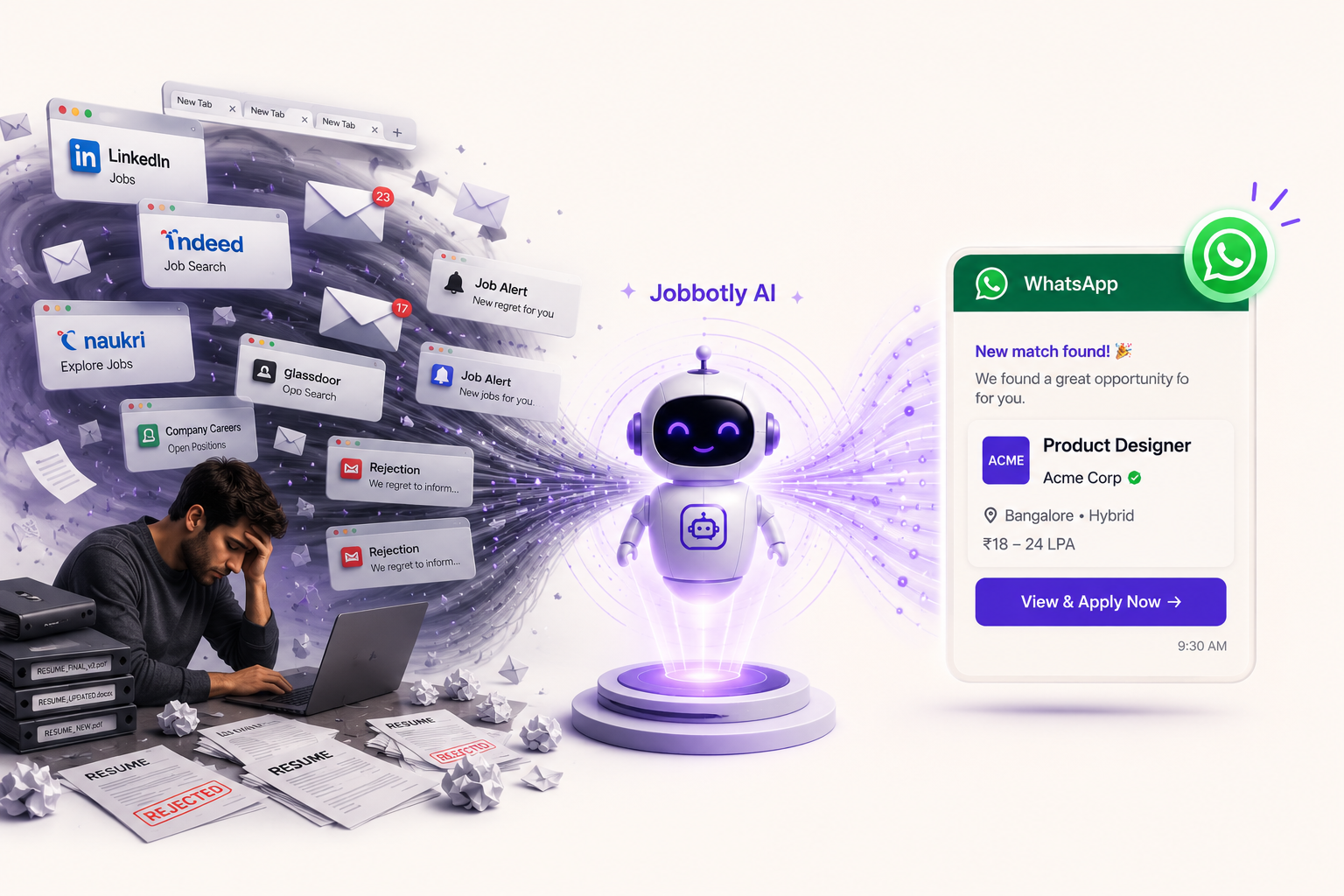 Overwhelmed candidate buried in rejections and job tabs while Jobbotly's AI delivers a matched role straight to WhatsApp
