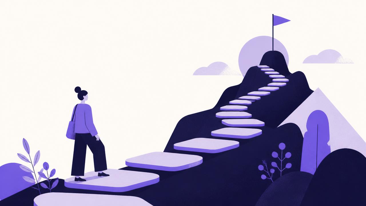Illustration of a winding path branching into a new direction with milestone markers