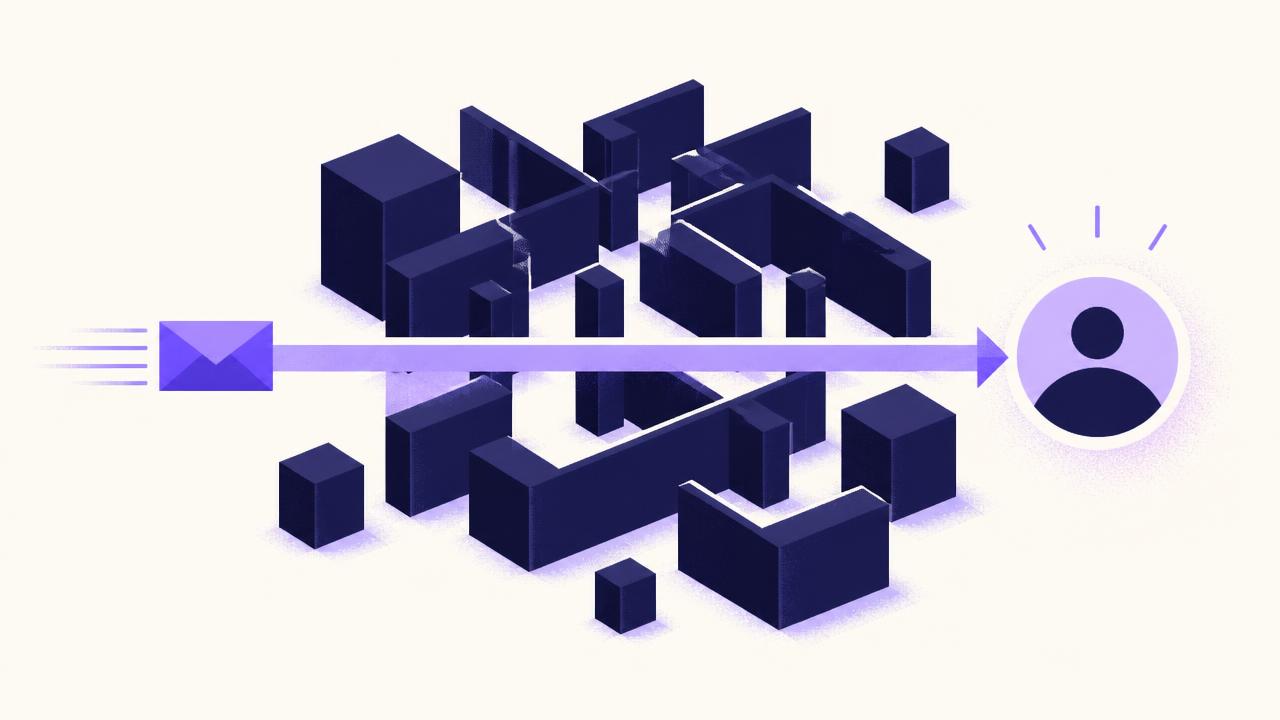 Illustration of an envelope travelling a direct path through a maze of corporate blocks to reach one highlighted person