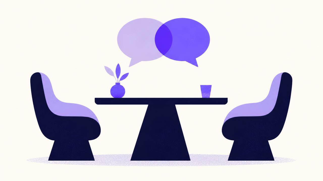 Illustration of two chairs facing each other across a table with overlapping speech bubbles above