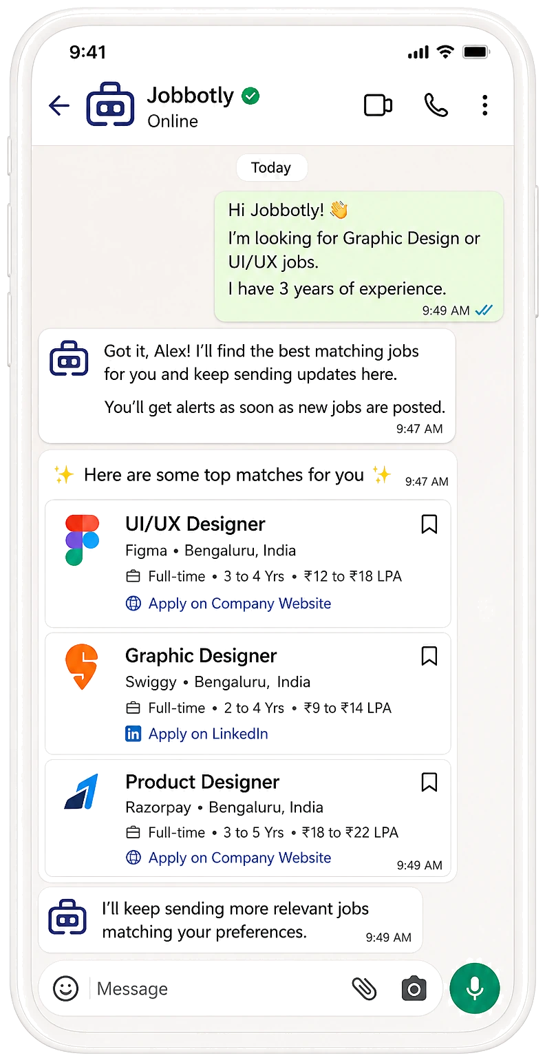 Jobbotly WhatsApp chat showing AI-curated job matches