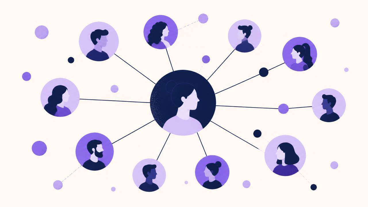 Illustration of a network of person avatars connected to one central node