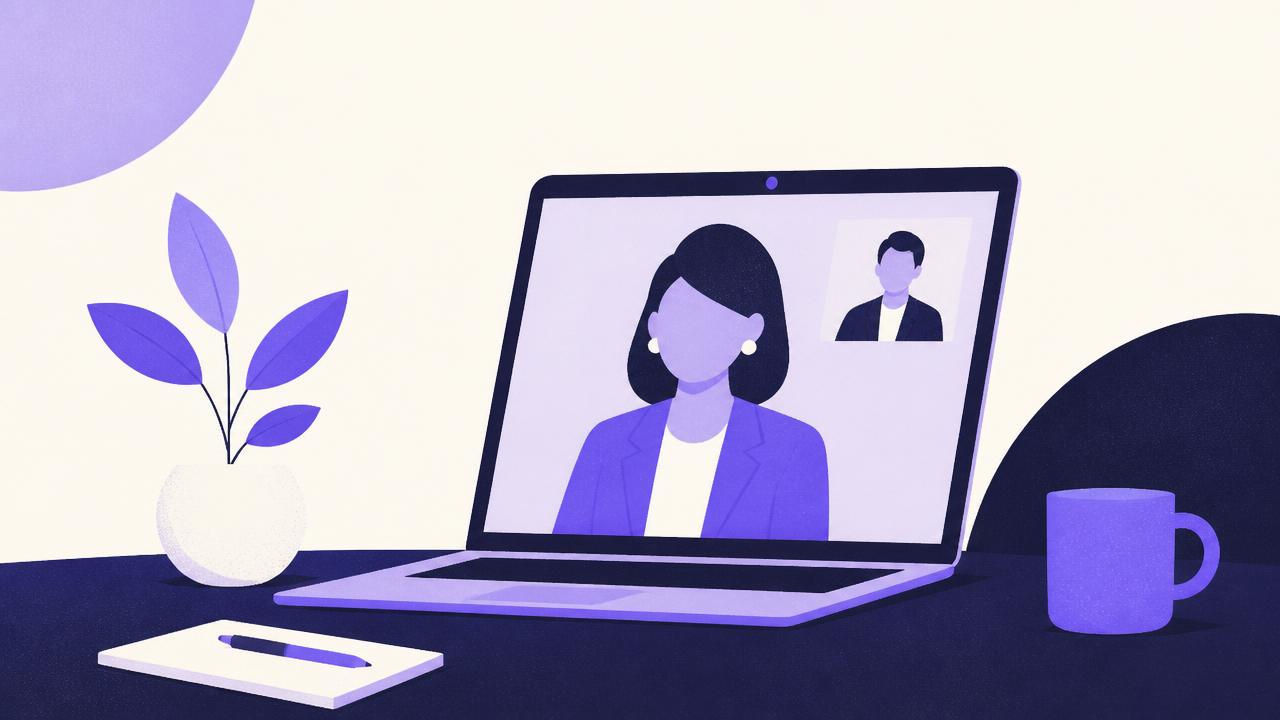 Illustration of a laptop on a desk showing a video call with a plant and a mug nearby