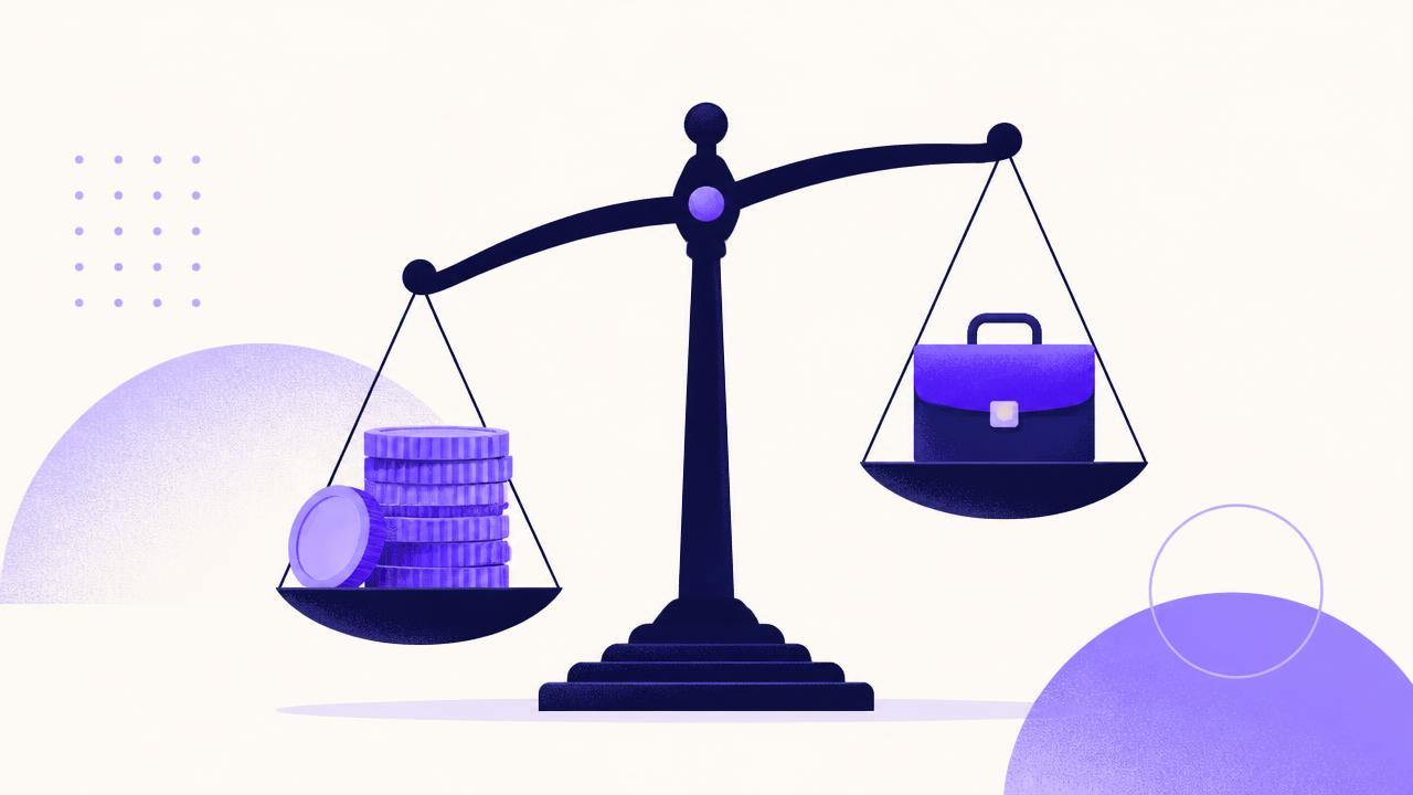 Illustration of a balance scale weighing a stack of coins against a briefcase